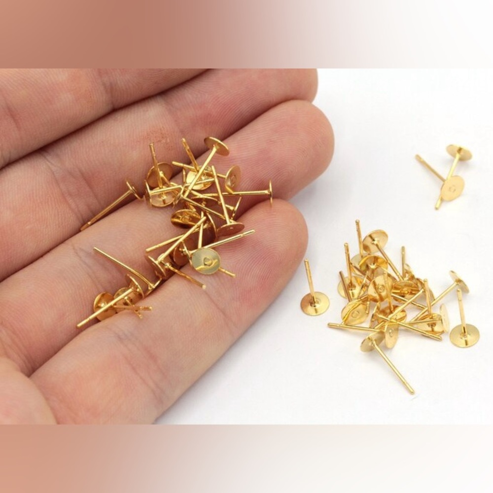 5 Pairs (10 Pcs) 24k Shiny Gold Plated Earring Studs, Flat Earring Studs